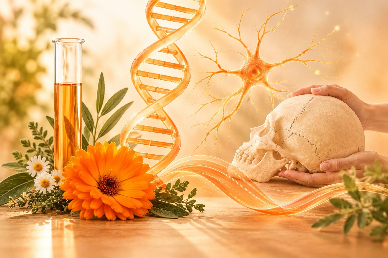 Ringelblume, Kräuter, Reagenzglas, DNA-Doppelhelix, Nervenzelle und ein von Händen gehaltener Schädel – Symbolbild für ganzheitliche Naturheilkunde