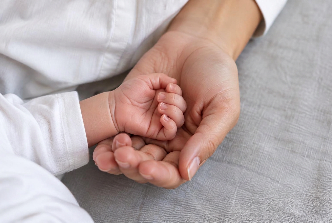 Symbolbild: Die kleine Hand eines Babys in der Hand seiner Mutter